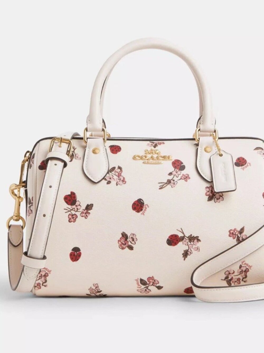 Coach RARE Rowan MEDIUM Crossbody Chalk Ladybug Floral + gold Coach C charm 🐞🐞